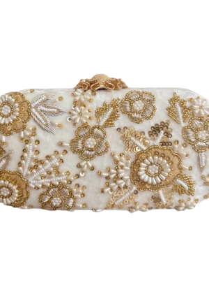 IVORY GOLD FLORAL PEARL EMBROIDERED BRIDAL EVENING CLUTCH