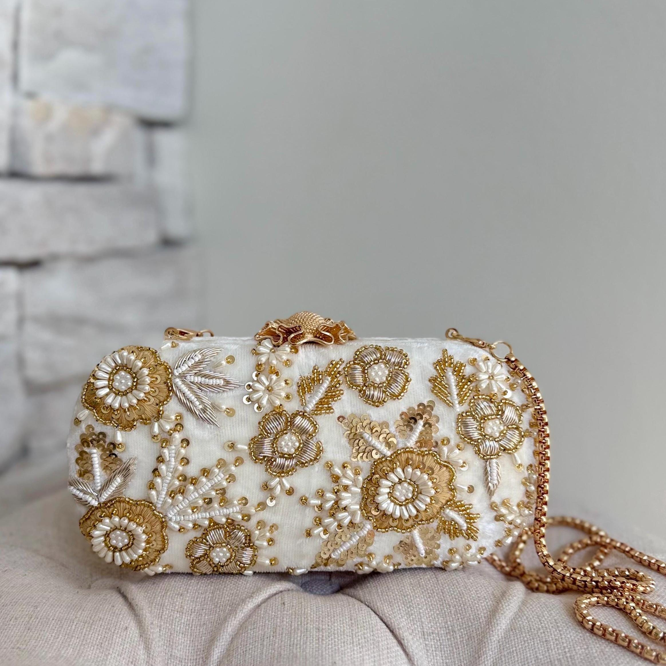 IVORY GOLD FLORAL PEARL EMBROIDERED BRIDAL EVENING CLUTCH - Image 2