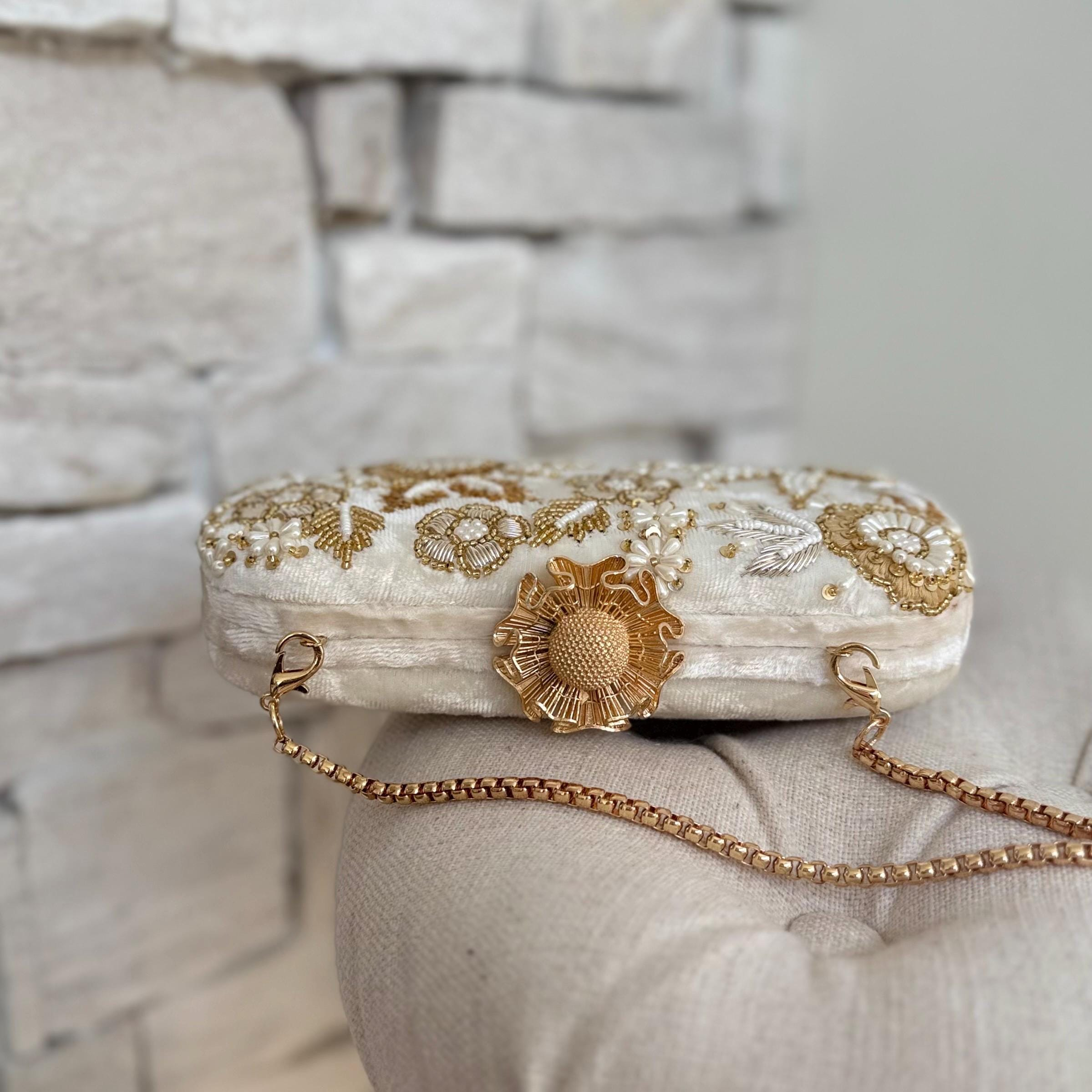 IVORY GOLD FLORAL PEARL EMBROIDERED BRIDAL EVENING CLUTCH - Image 3