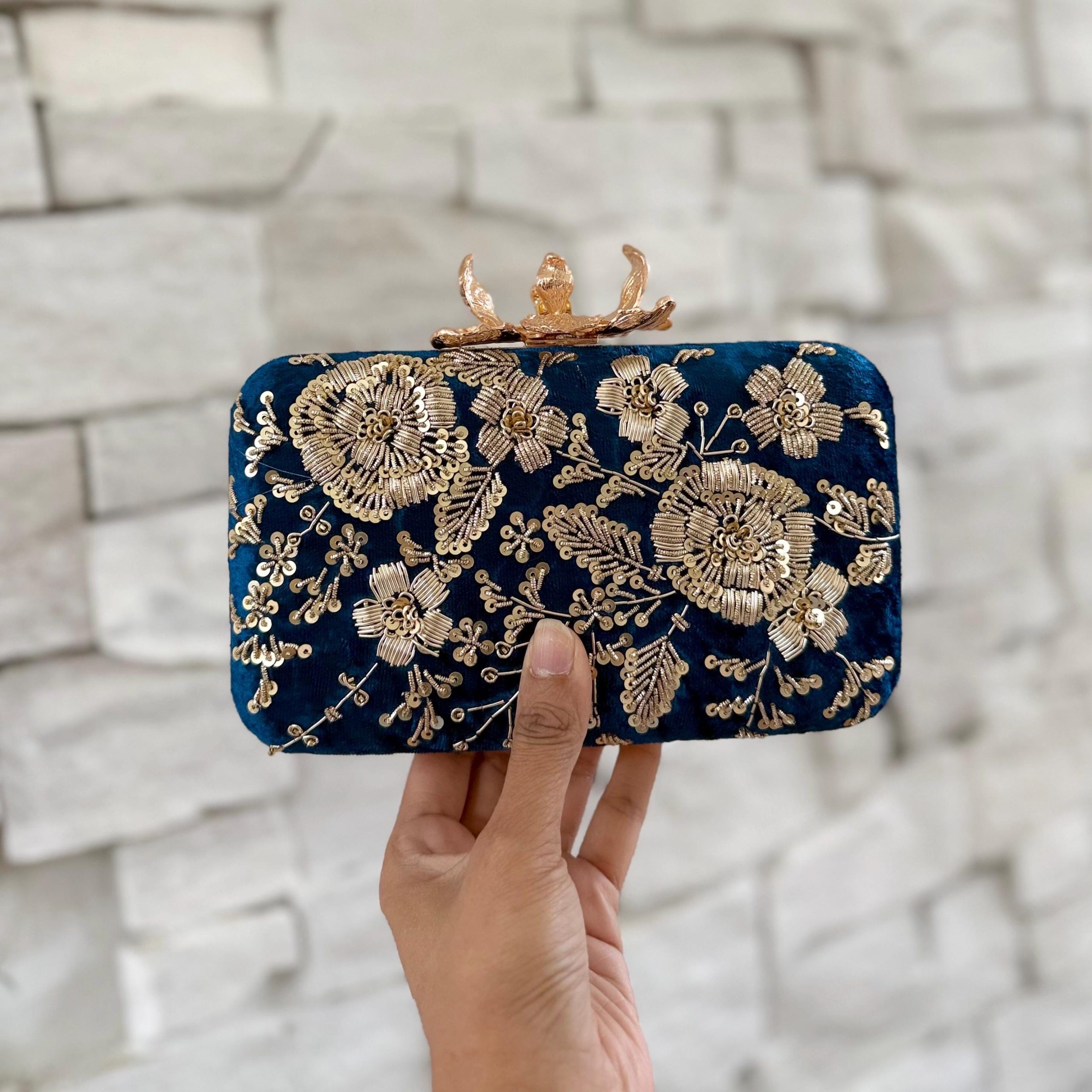 MIDNIGHT BLUE GOLD FLORAL ZARDOZI EMBROIDERED EVENING CLUTCH - Image 2