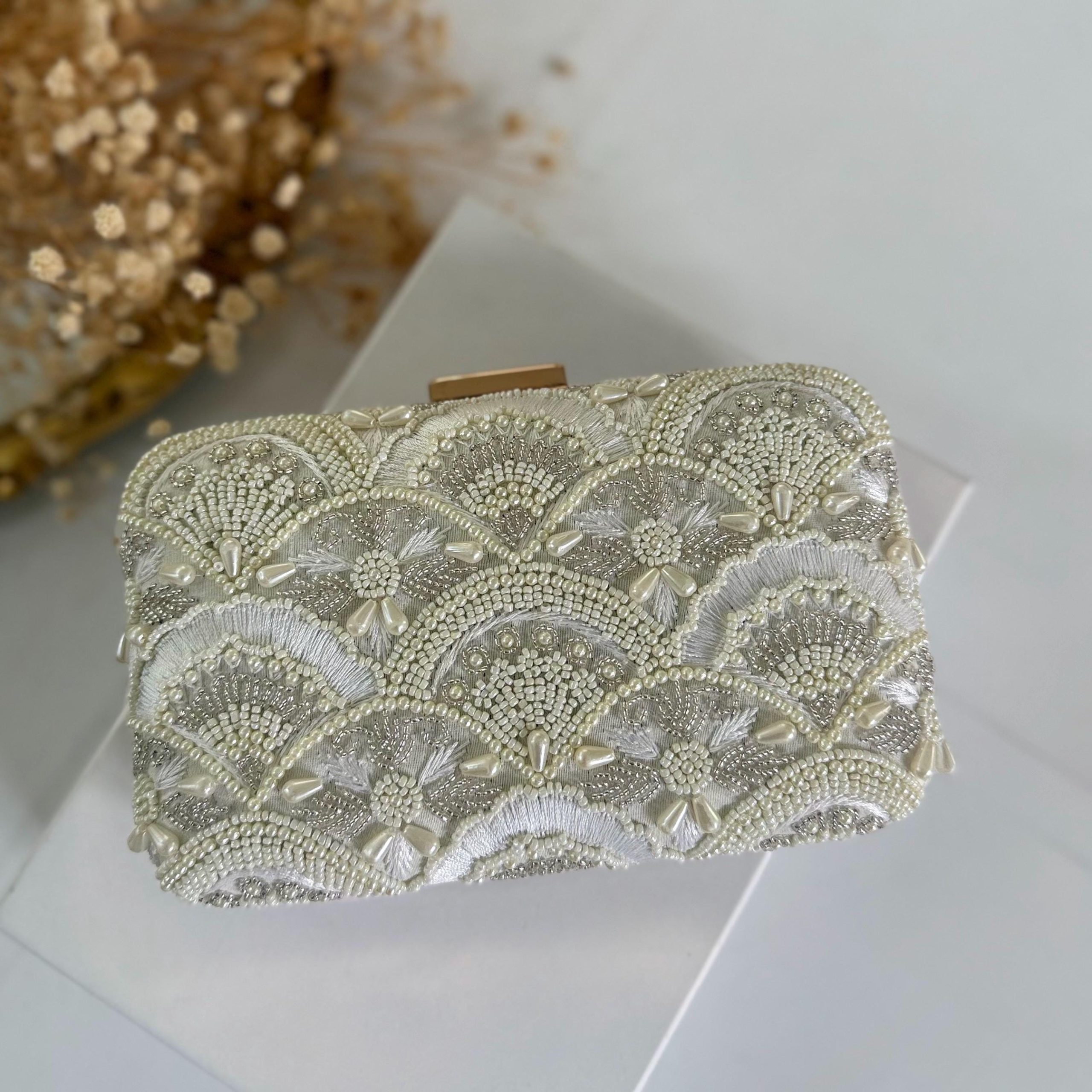 IVORY ART DECO FAN EMBROIDERED BRIDAL CLUTCH - Image 3