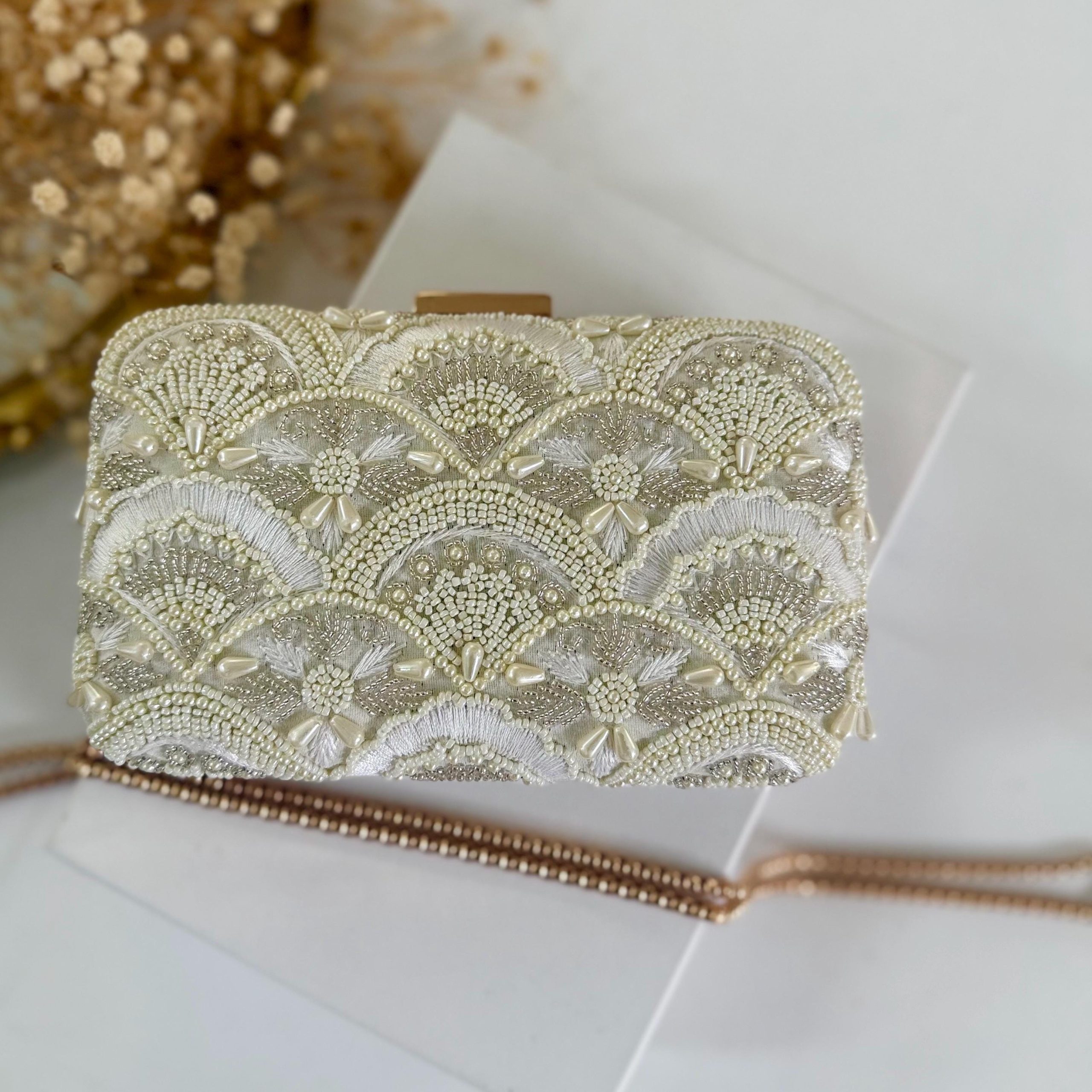 IVORY ART DECO FAN EMBROIDERED BRIDAL CLUTCH - Image 4