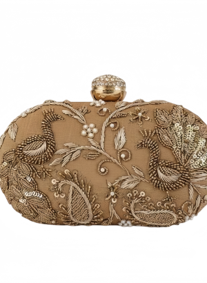 CHAMPAGNE GOLD PEACOCK GARDEN EMBROIDERED EVENING CLUTCH