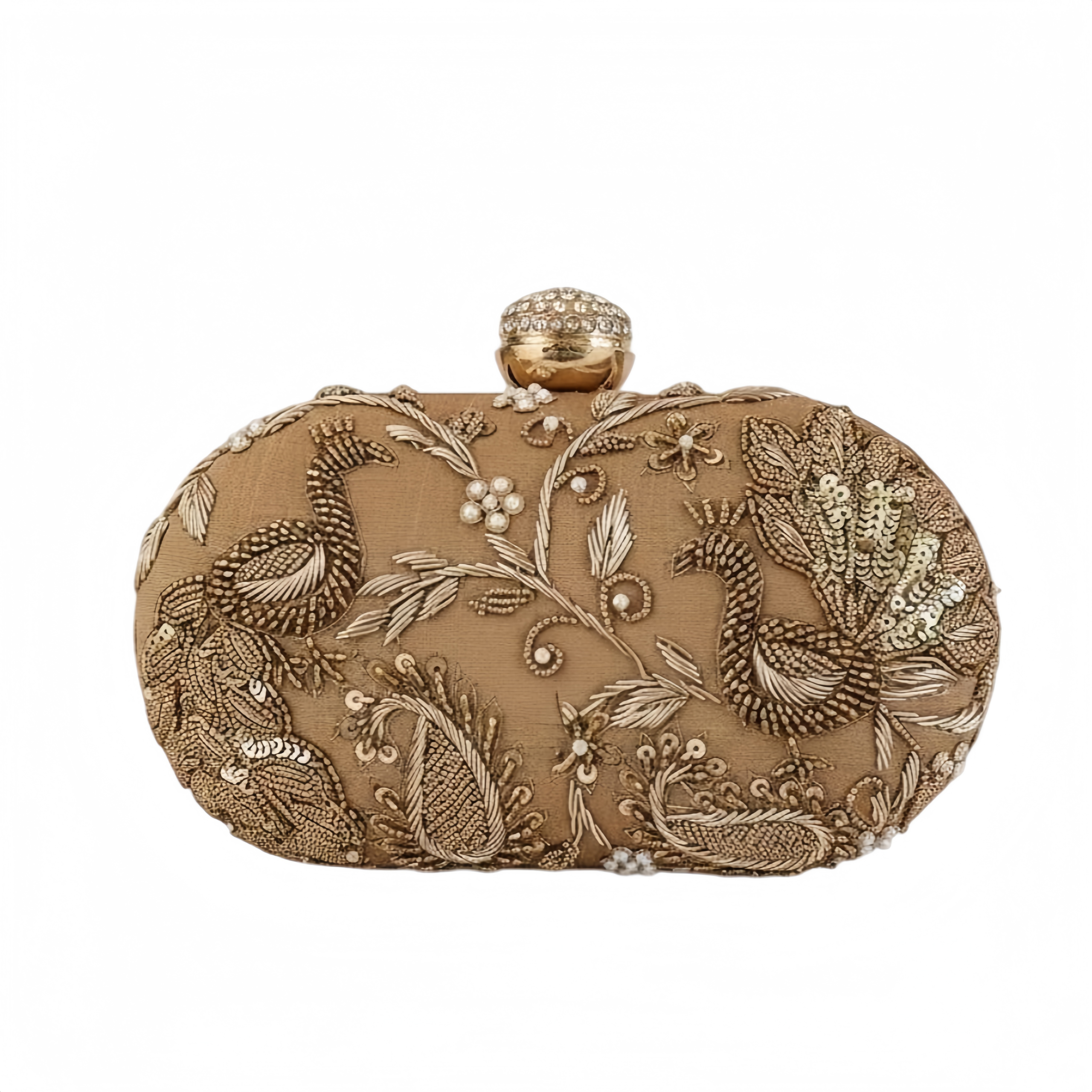CHAMPAGNE GOLD PEACOCK GARDEN EMBROIDERED EVENING CLUTCH