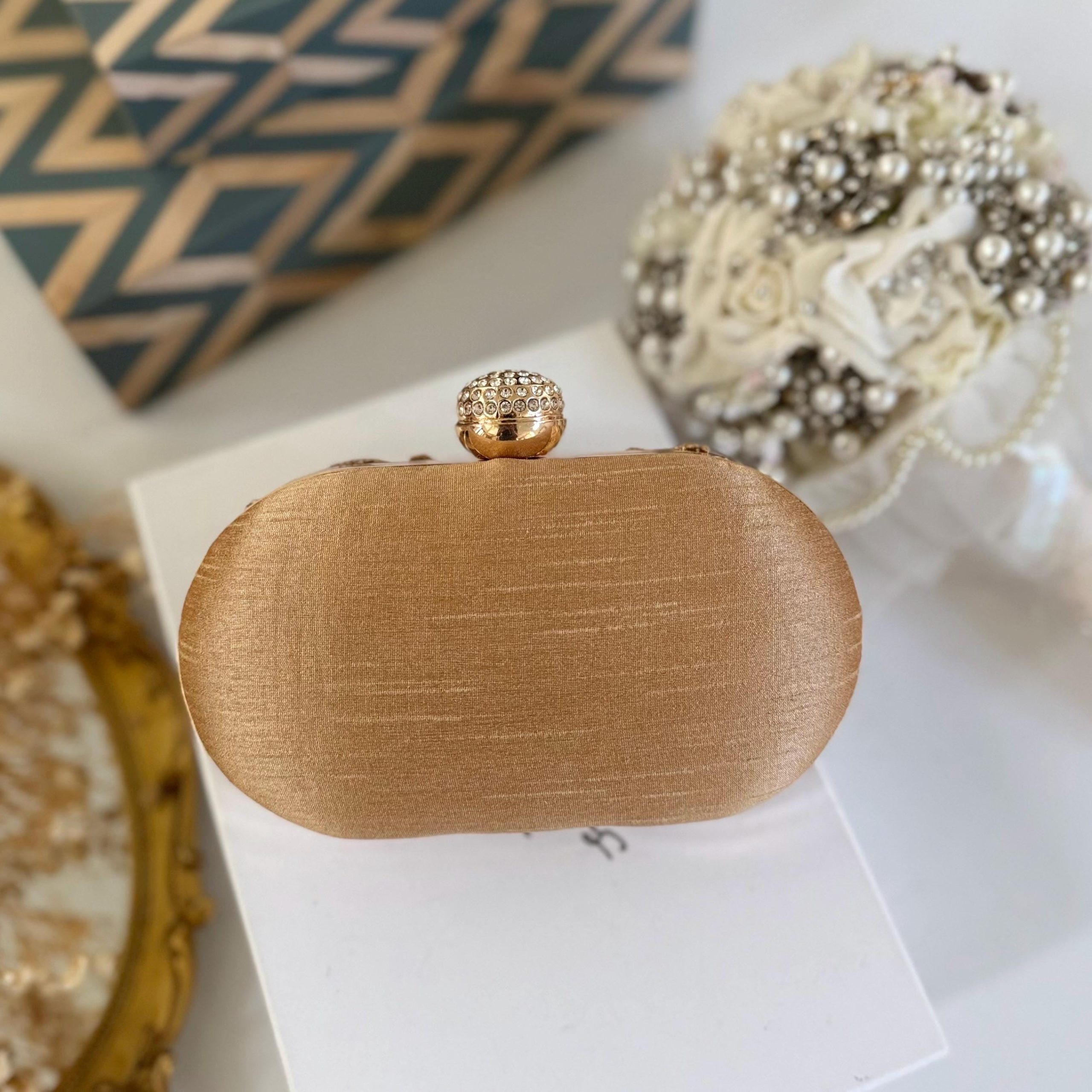CHAMPAGNE GOLD PEACOCK GARDEN EMBROIDERED EVENING CLUTCH - Image 6