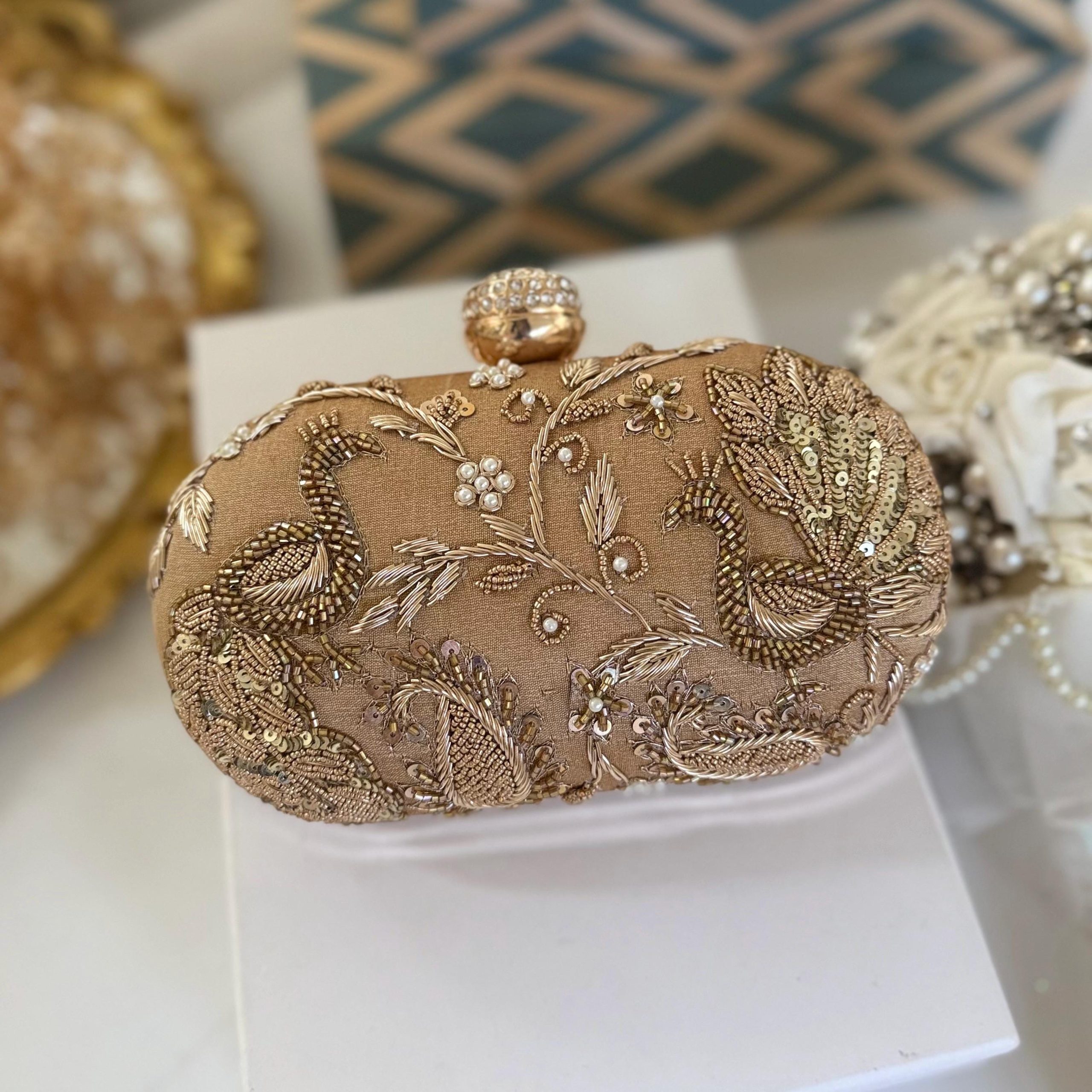 CHAMPAGNE GOLD PEACOCK GARDEN EMBROIDERED EVENING CLUTCH - Image 3