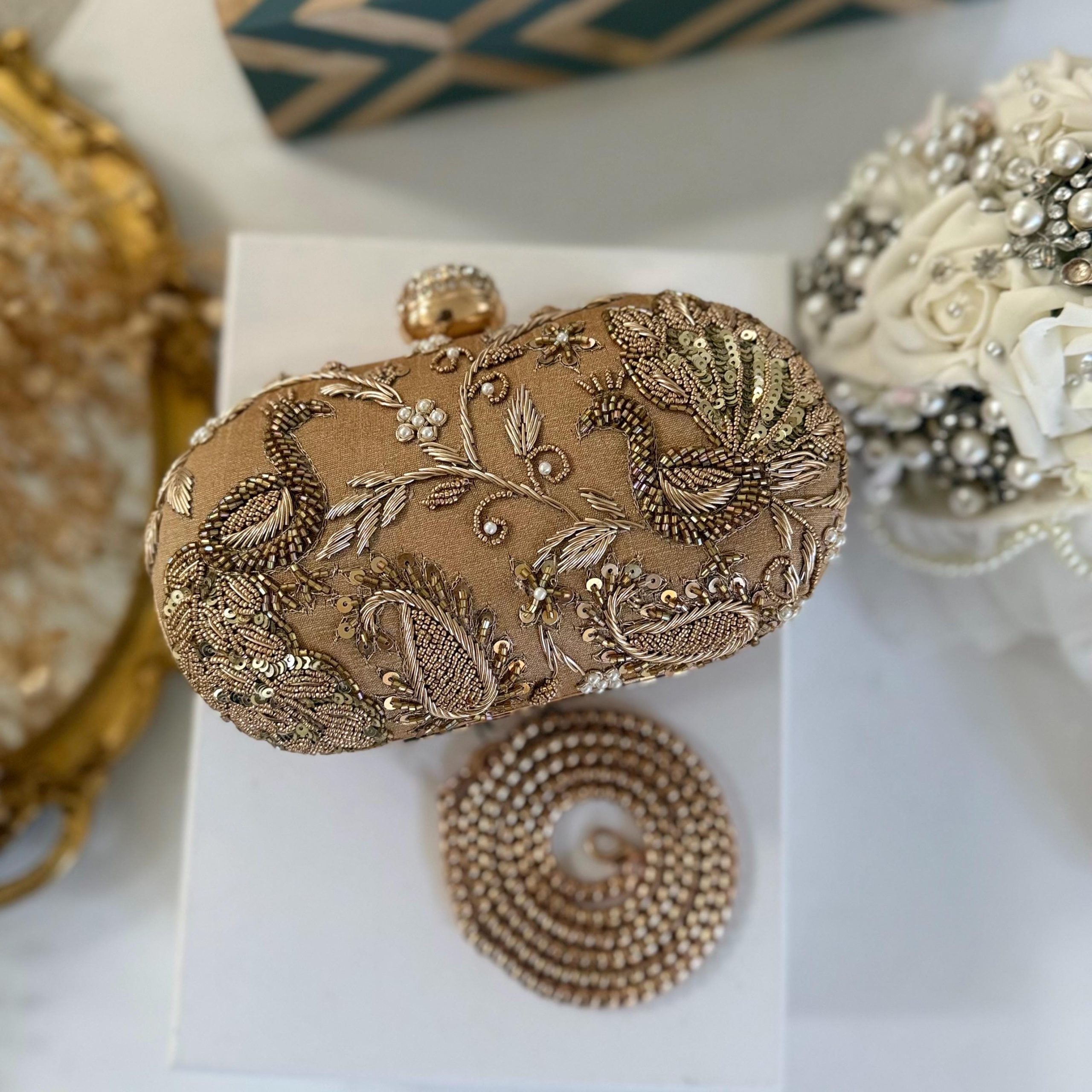 CHAMPAGNE GOLD PEACOCK GARDEN EMBROIDERED EVENING CLUTCH - Image 2