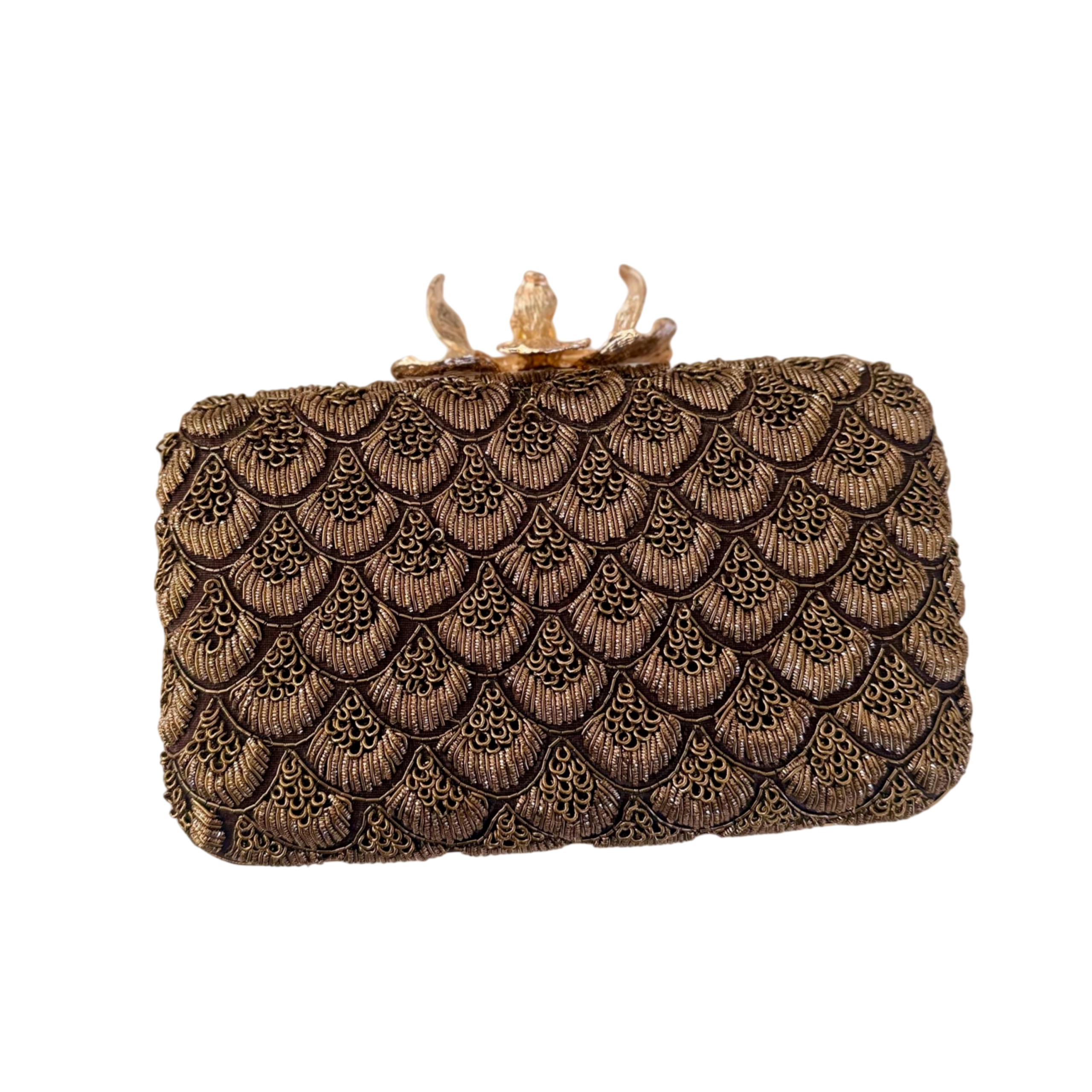 ANTIQUE GOLD PEACOCK FEATHER EMBROIDERED EVENING CLUTCH