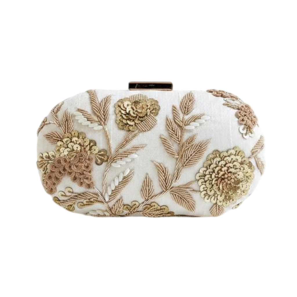 IVORY GOLDEN GARDEN FLORAL EMBROIDERED EVENING CLUTCH