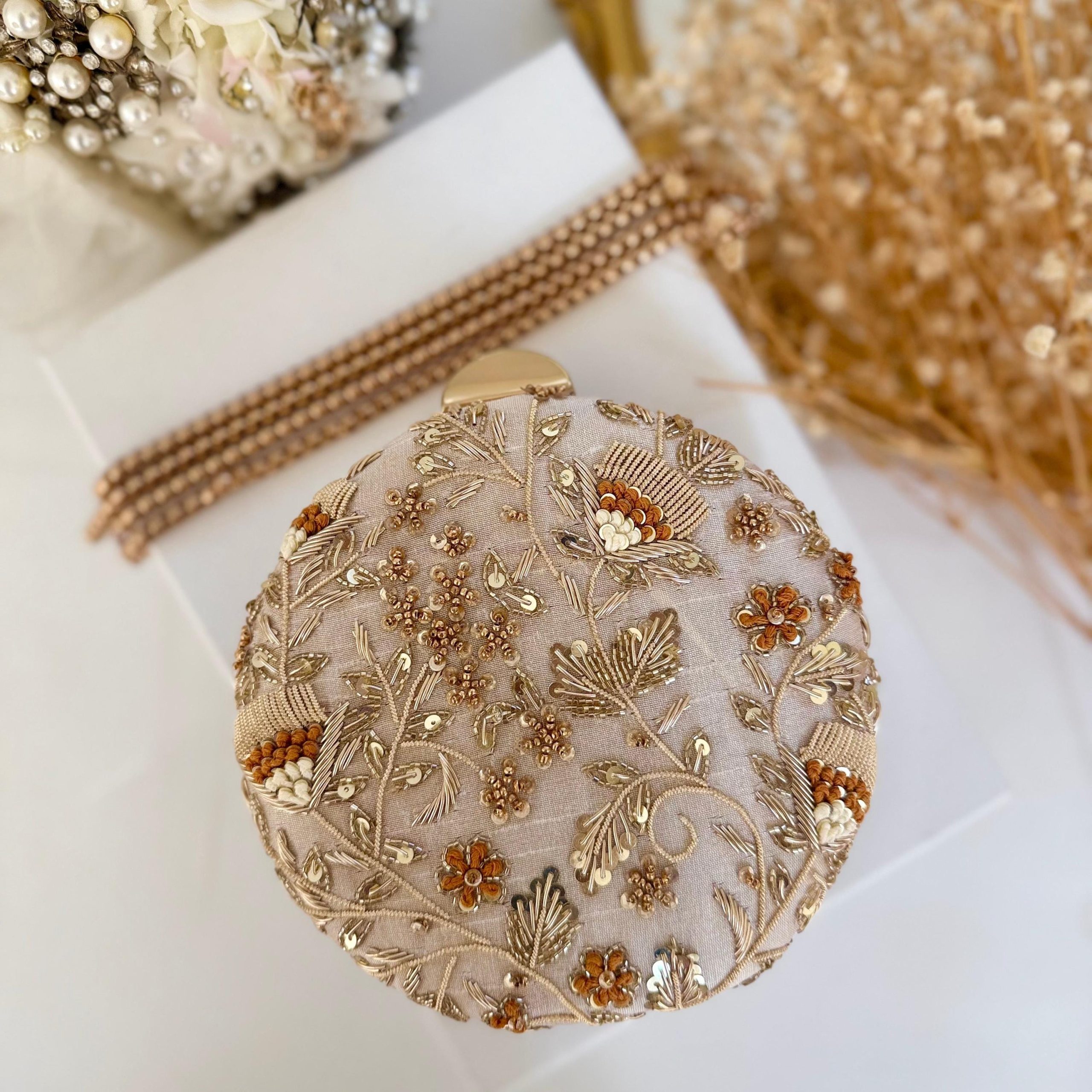 IVORY ROUND GOLDEN WILDFLOWER EMBROIDERED EVENING CLUTCH - Image 2