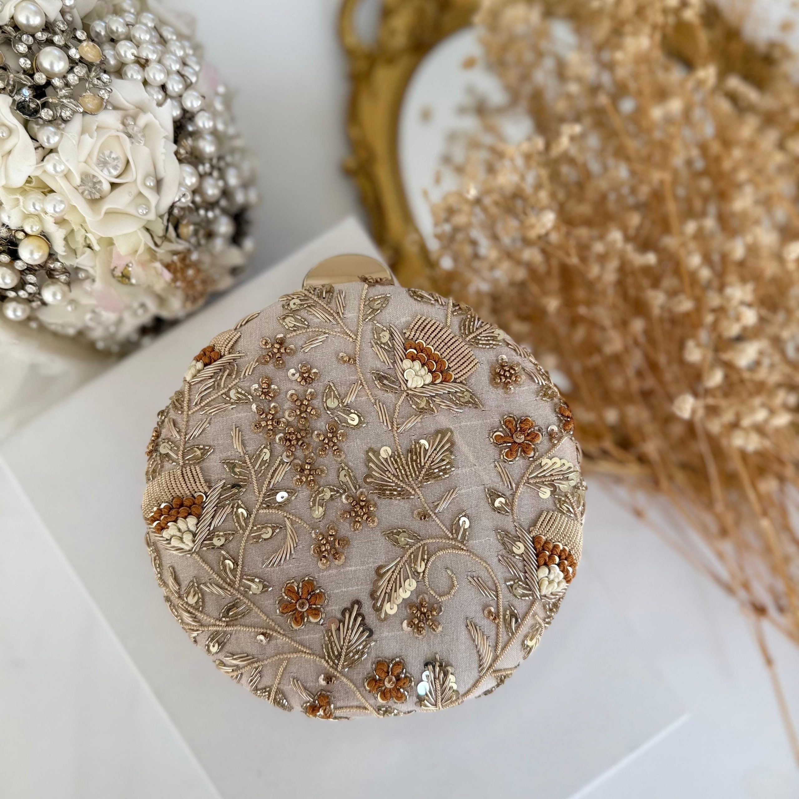 IVORY ROUND GOLDEN WILDFLOWER EMBROIDERED EVENING CLUTCH - Image 3