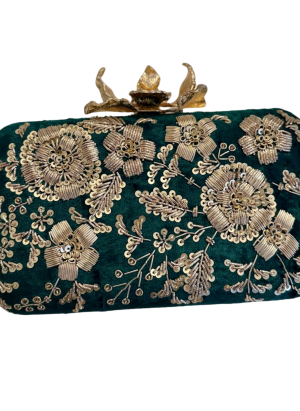 EMERALD GREEN GOLD FLORAL ZARDOZI EVENING CLUTCH