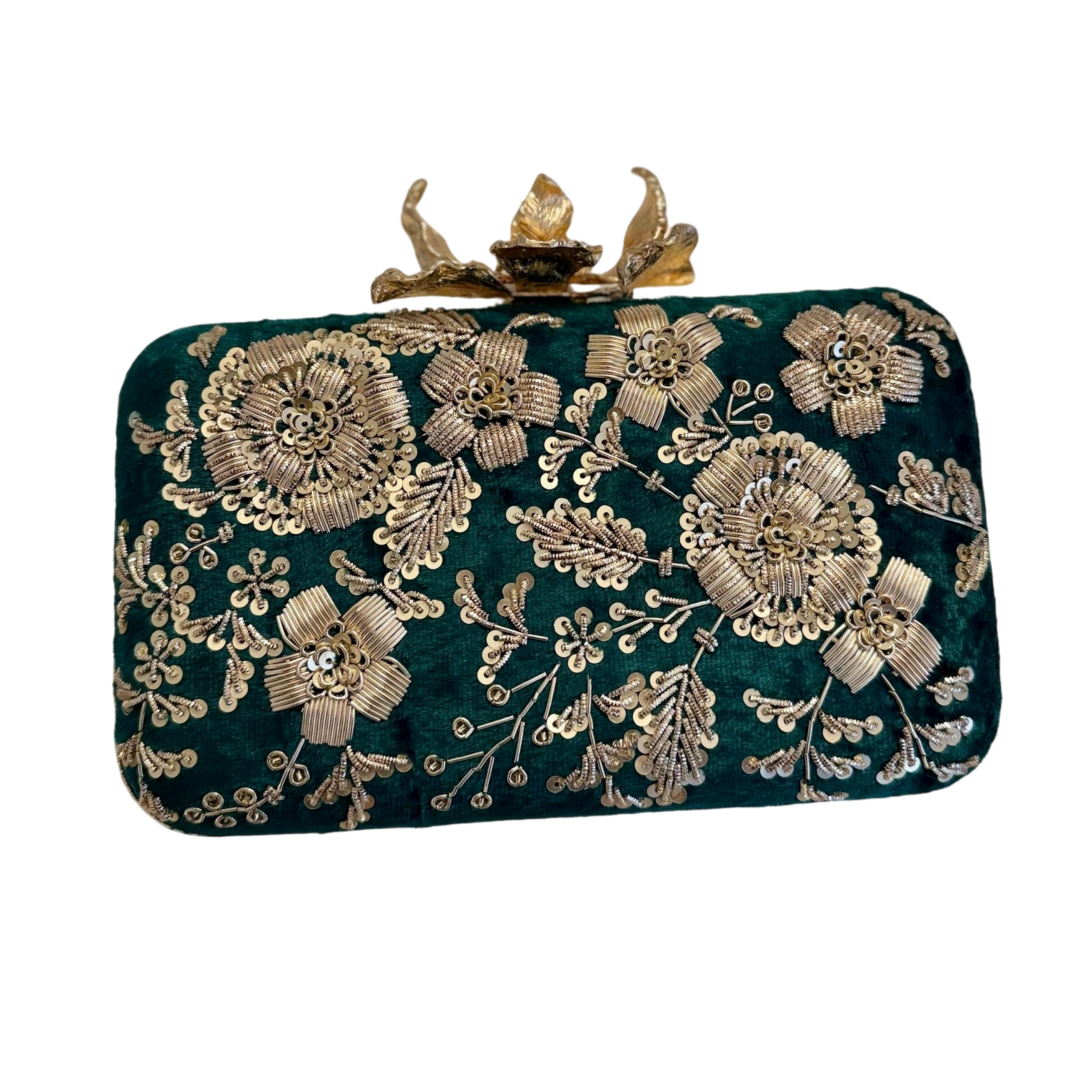 EMERALD GREEN GOLD FLORAL ZARDOZI EVENING CLUTCH