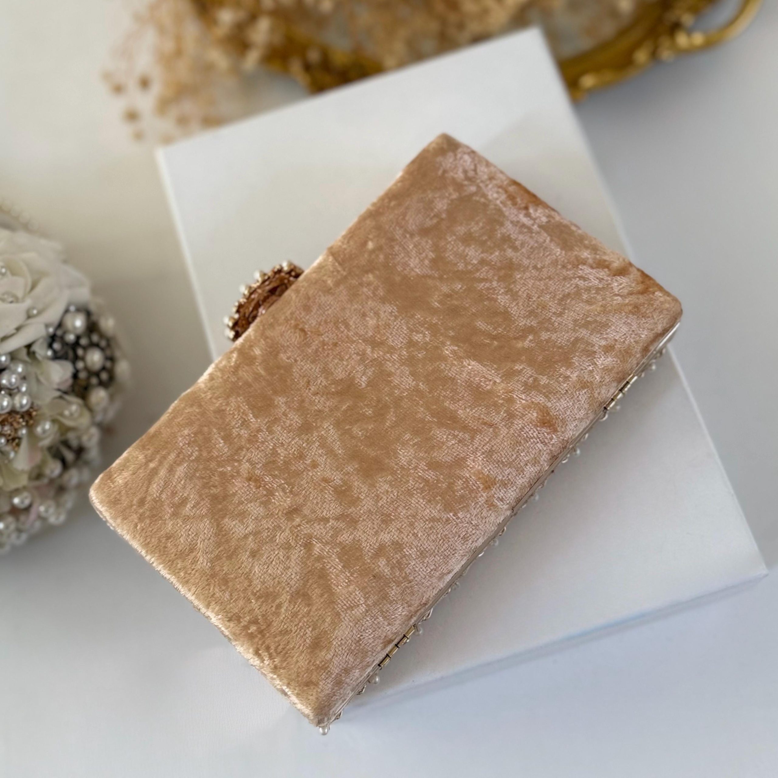 CHAMPAGNE GOLD PEARL AND ZARDOZI EMBROIDERED BRIDAL CLUTCH - Image 2