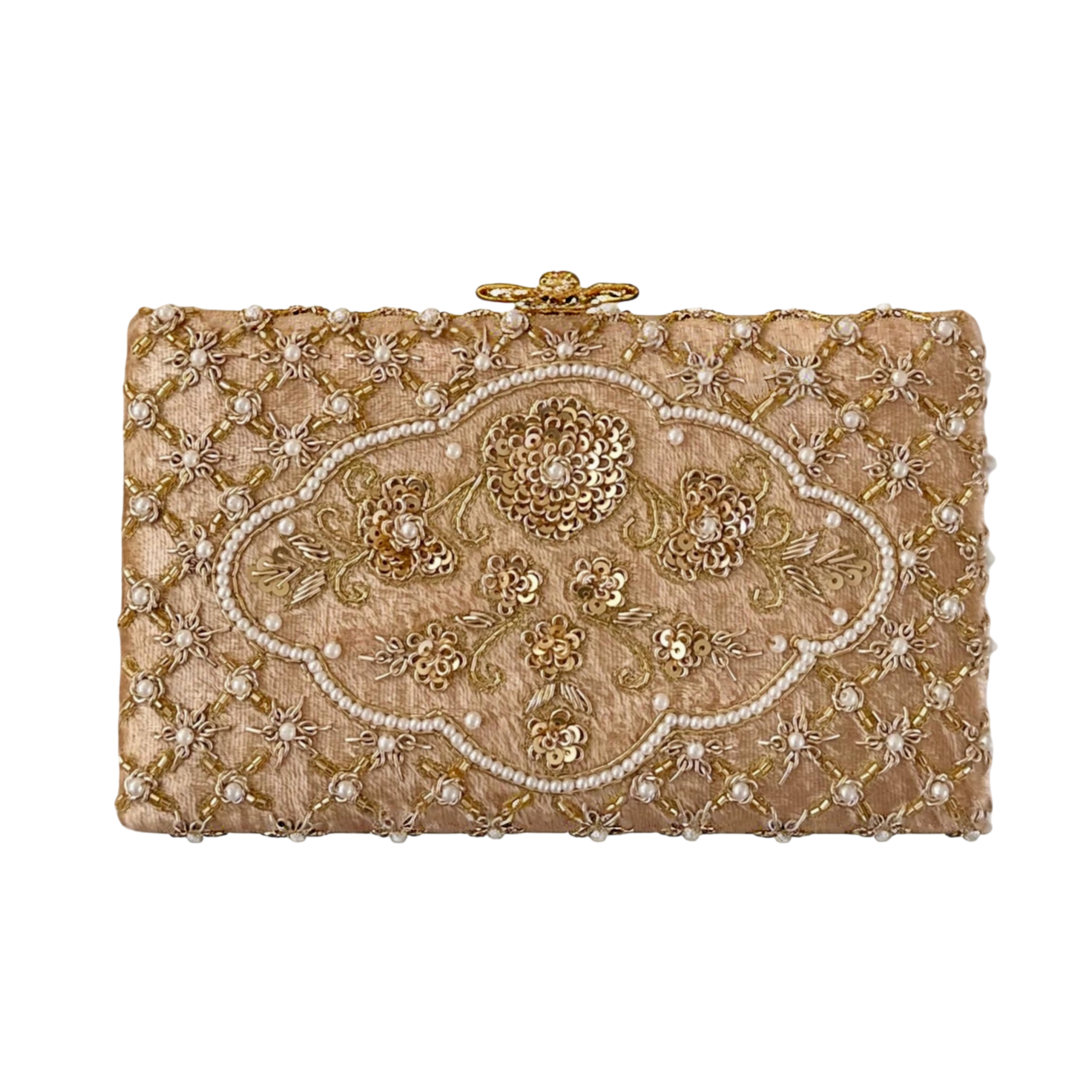 CHAMPAGNE GOLD PEARL AND ZARDOZI EMBROIDERED BRIDAL CLUTCH