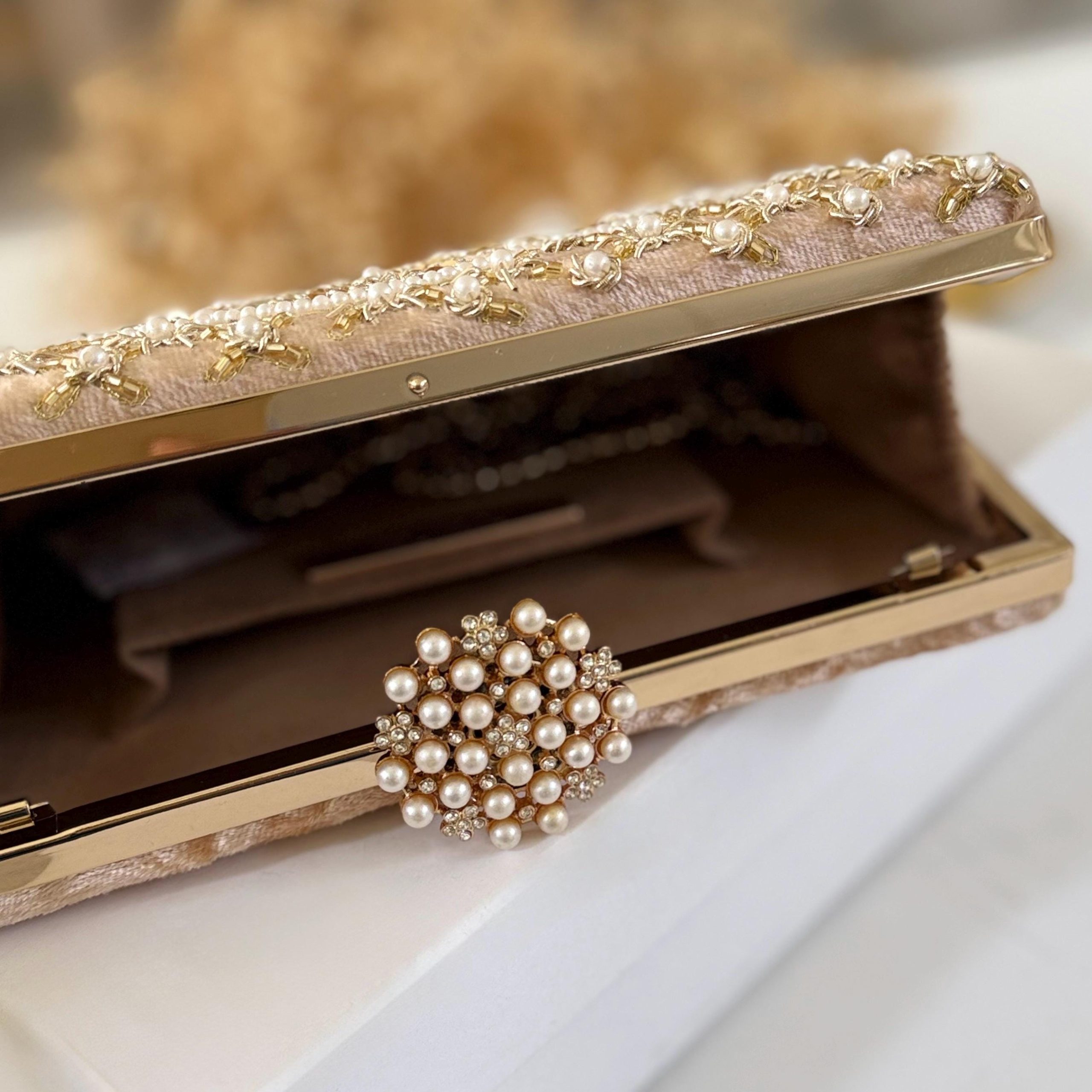 CHAMPAGNE GOLD PEARL AND ZARDOZI EMBROIDERED BRIDAL CLUTCH - Image 5