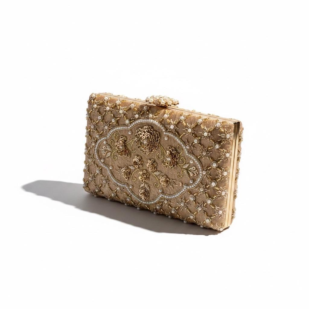 CHAMPAGNE GOLD PEARL AND ZARDOZI EMBROIDERED BRIDAL CLUTCH - Image 4