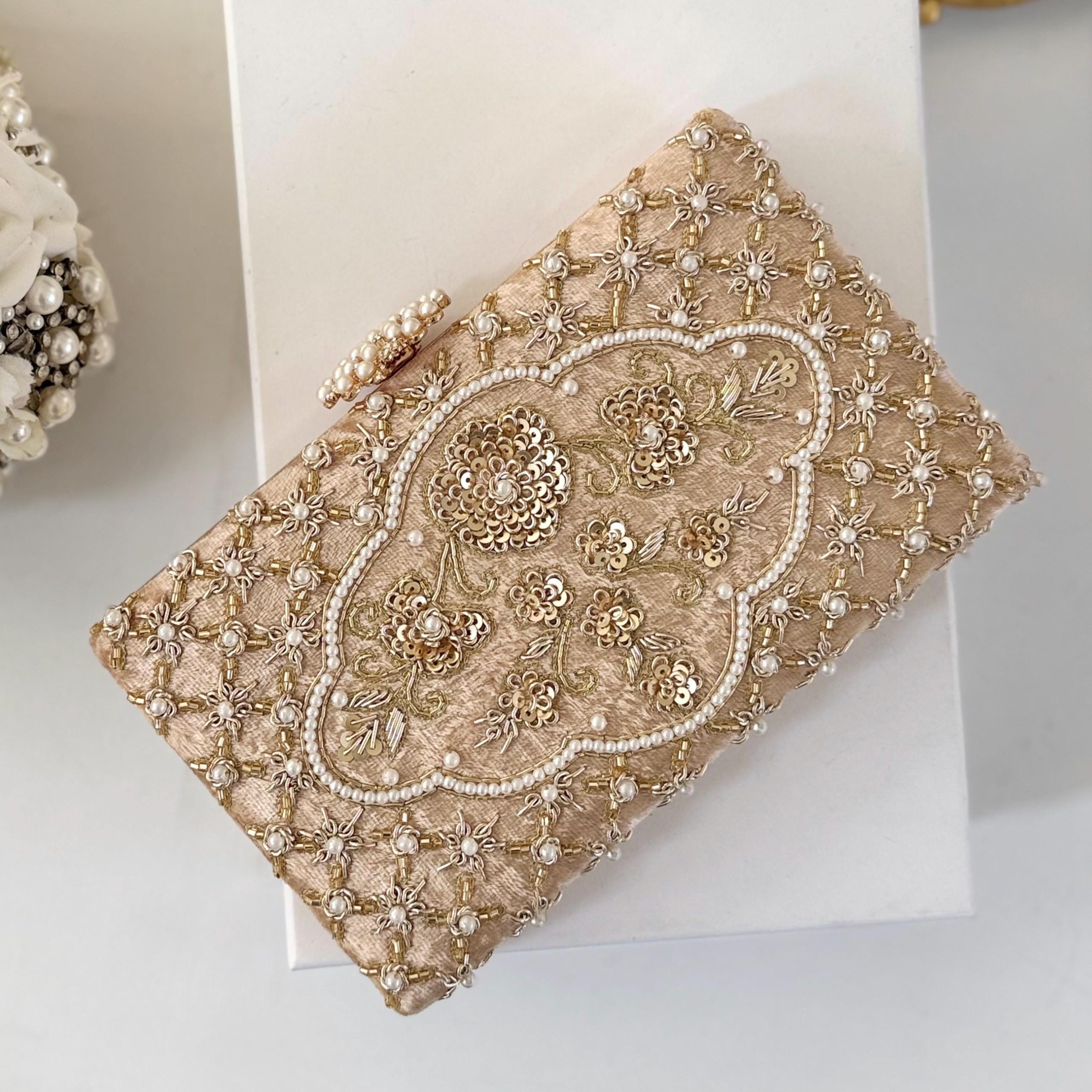 CHAMPAGNE GOLD PEARL AND ZARDOZI EMBROIDERED BRIDAL CLUTCH - Image 3
