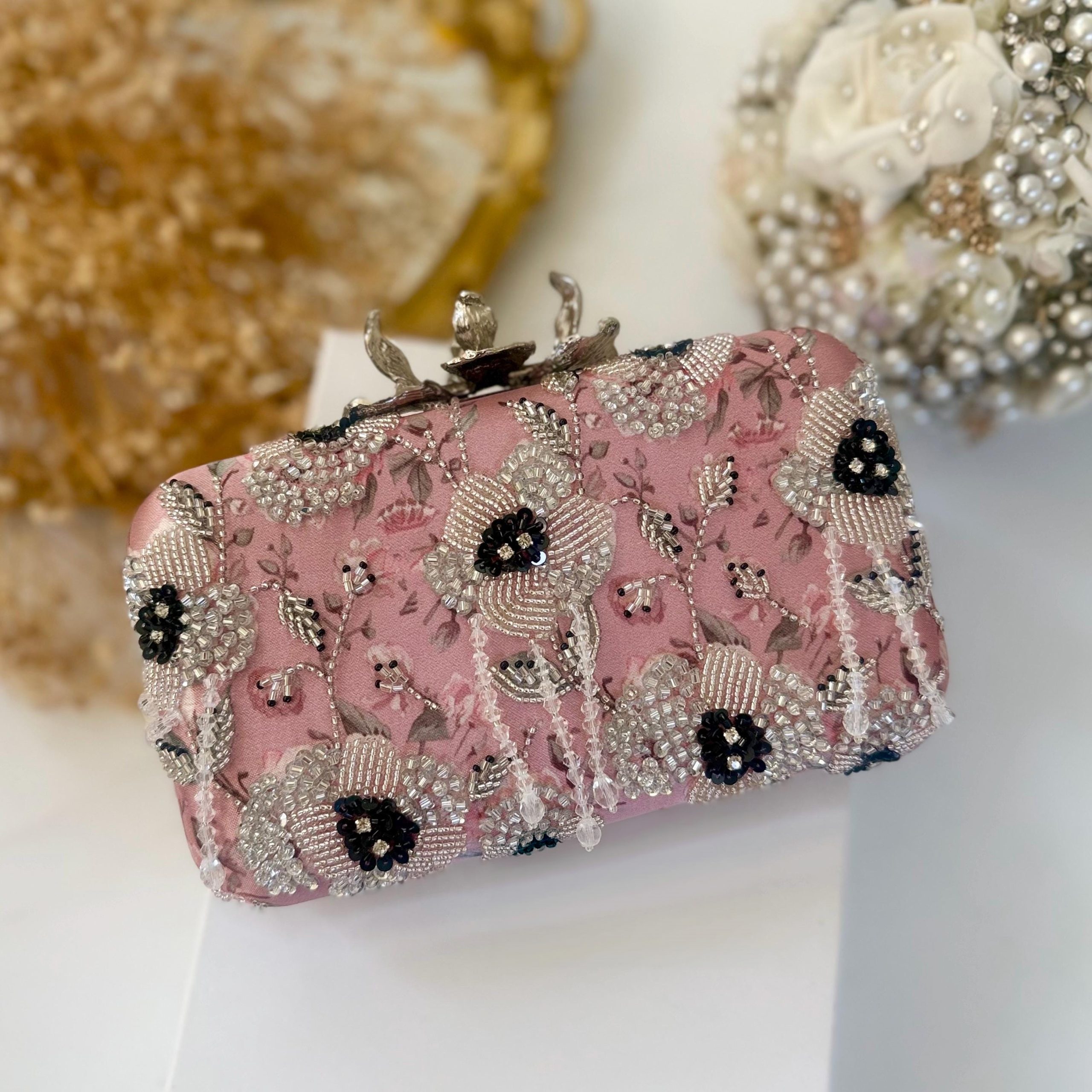 BLUSH PINK PEARL BLOSSOM EMBROIDERED EVENING CLUTCH - Image 2