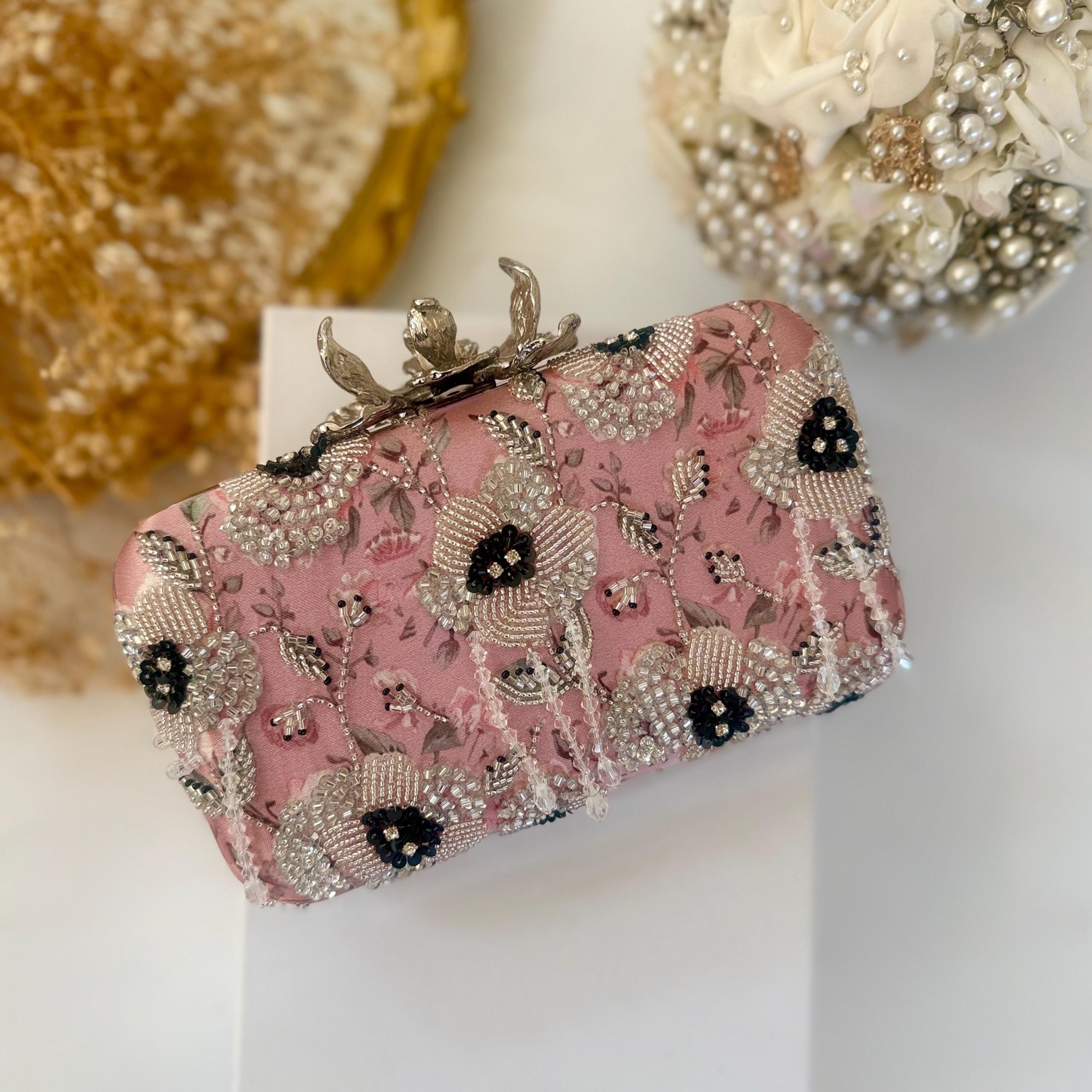 BLUSH PINK PEARL BLOSSOM EMBROIDERED EVENING CLUTCH - Image 3