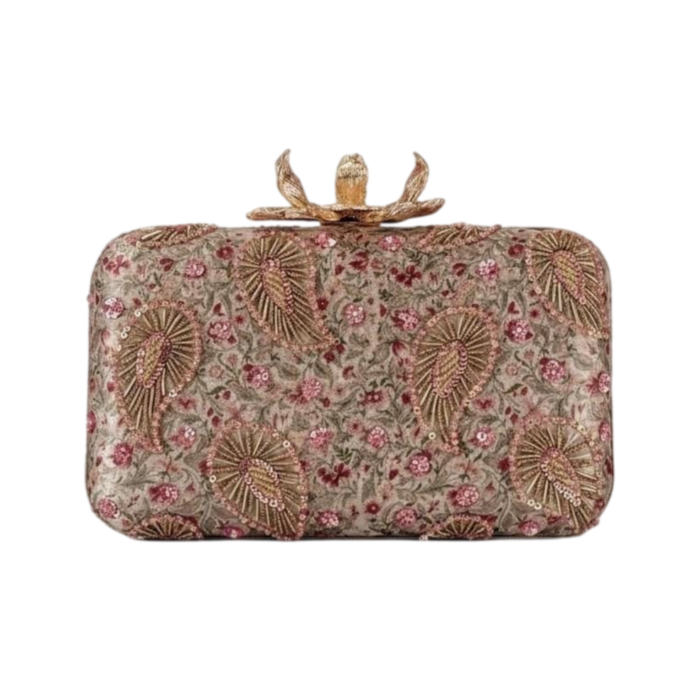 CHAMPAGNE ROSE GOLD LEAF EMBROIDERED EVENING CLUTCH