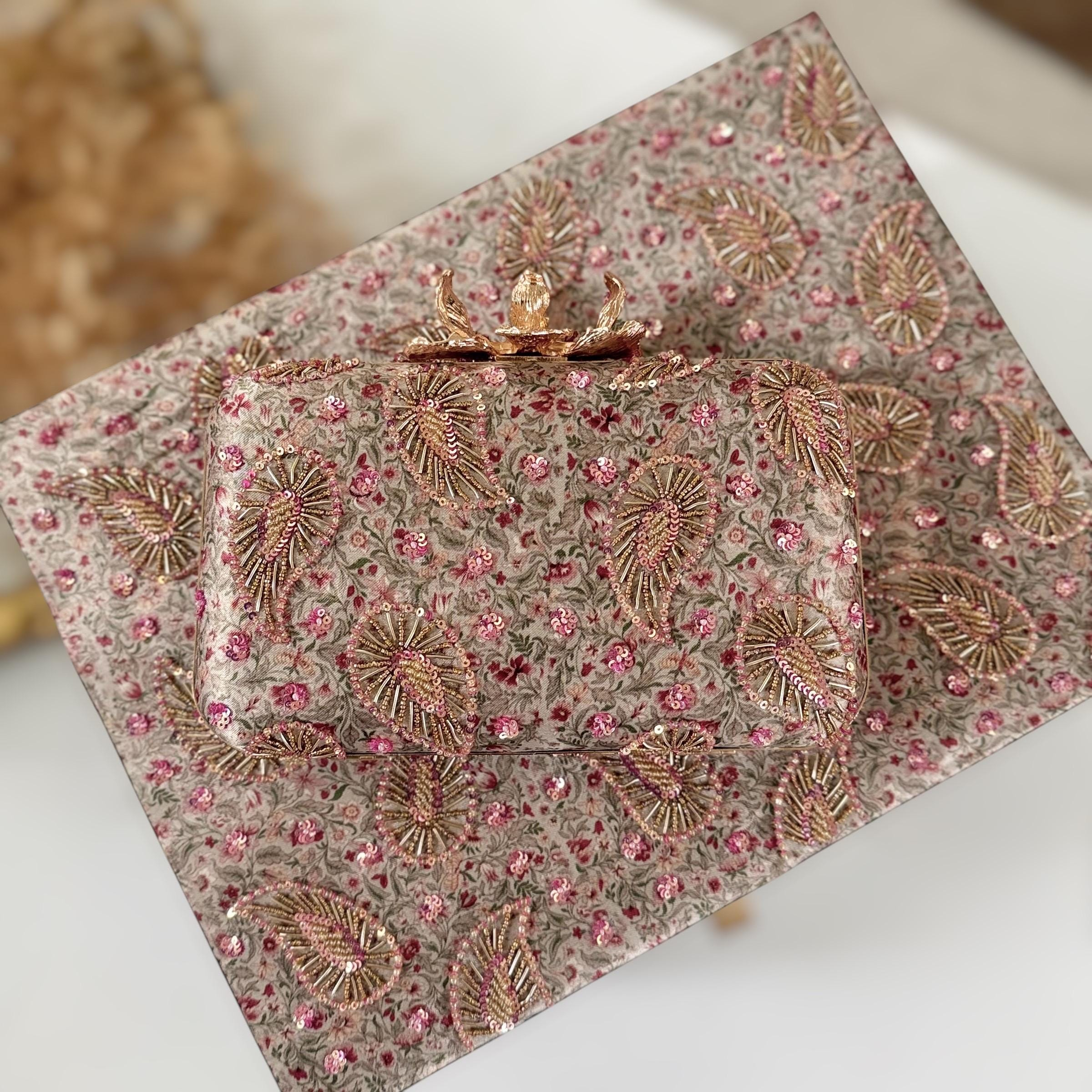 CHAMPAGNE ROSE GOLD LEAF EMBROIDERED EVENING CLUTCH - Image 2