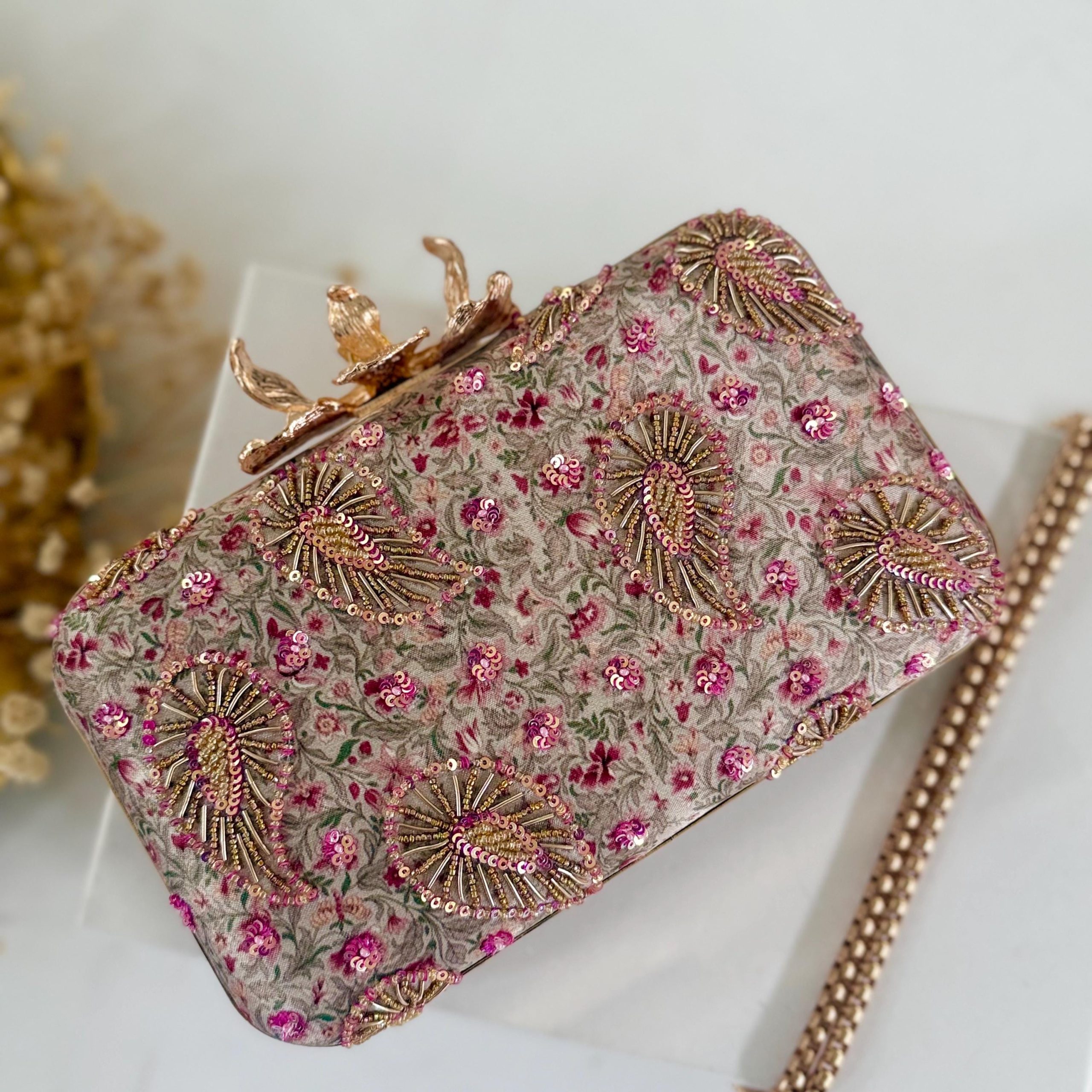 CHAMPAGNE ROSE GOLD LEAF EMBROIDERED EVENING CLUTCH - Image 3