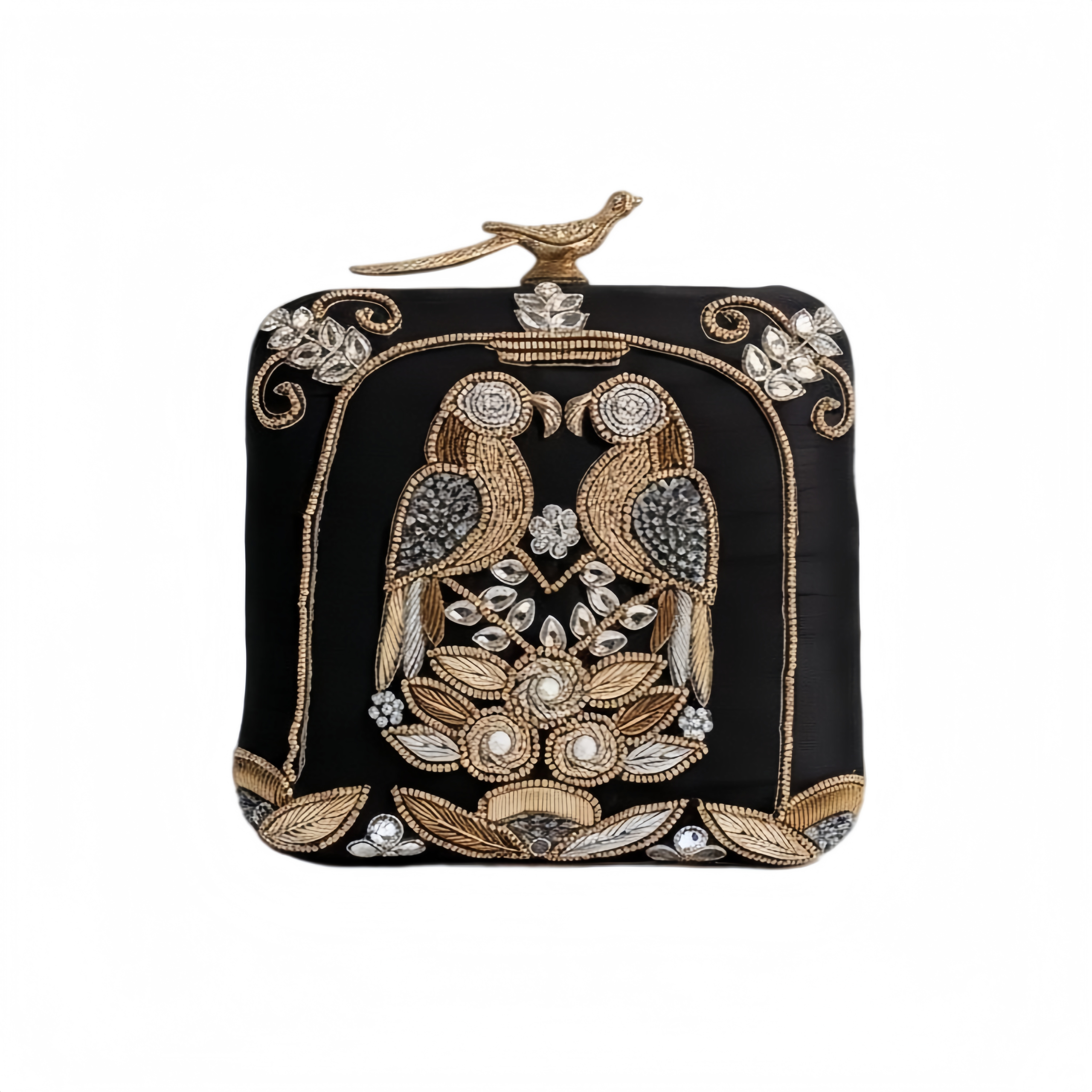 BLACK LOVE BIRDS ZARDOZI EMBROIDERED EVENING CLUTCH