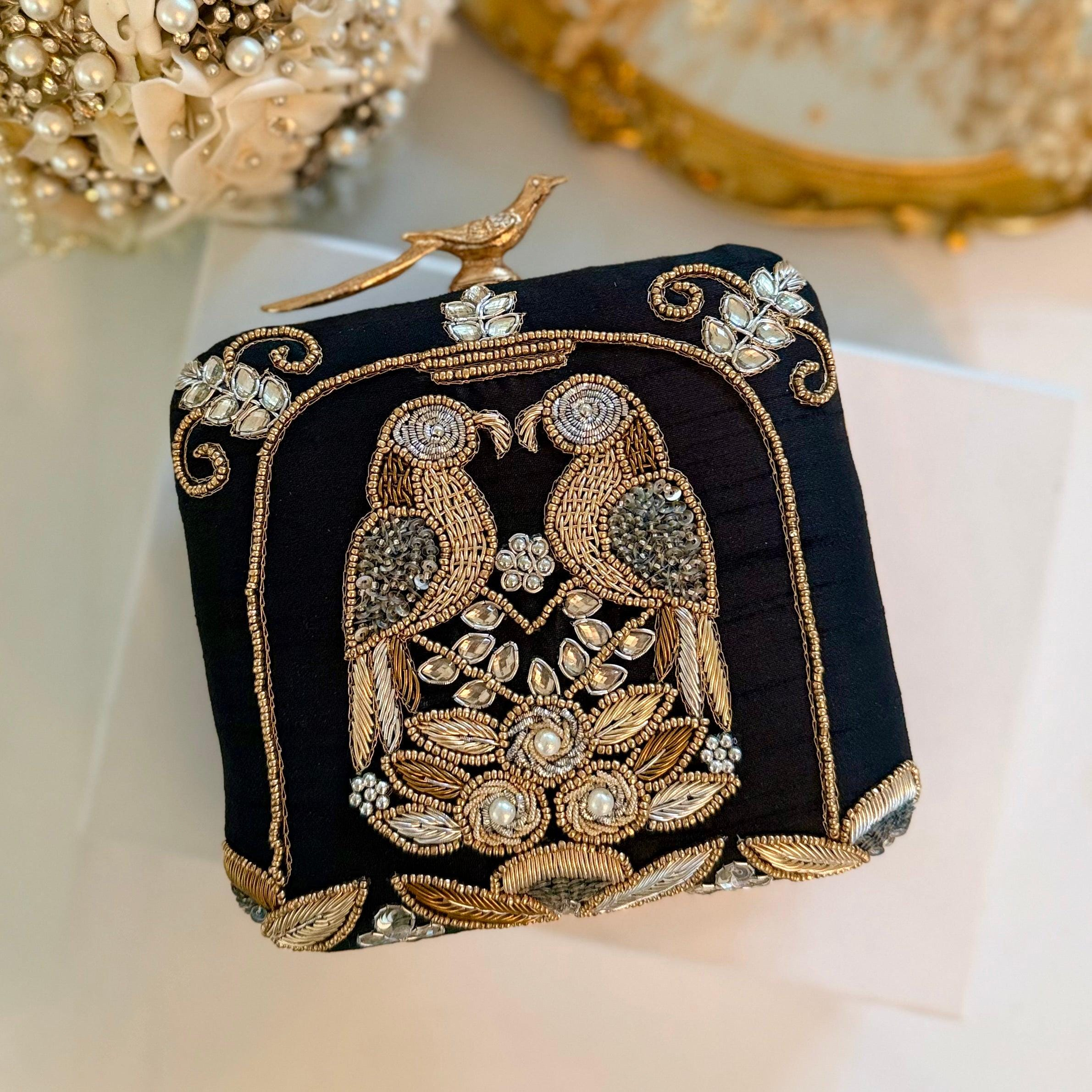 BLACK LOVE BIRDS ZARDOZI EMBROIDERED EVENING CLUTCH - Image 2