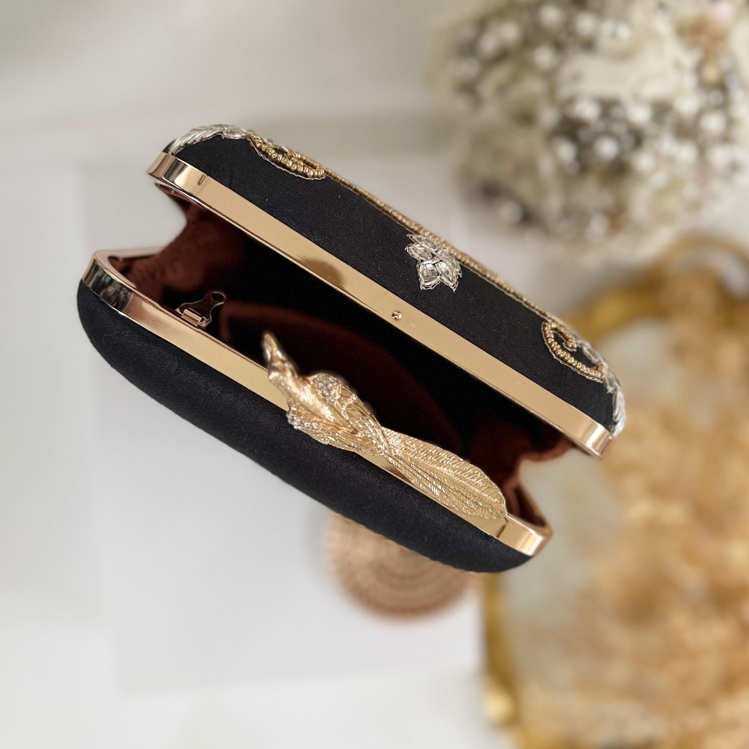 BLACK LOVE BIRDS ZARDOZI EMBROIDERED EVENING CLUTCH - Image 3