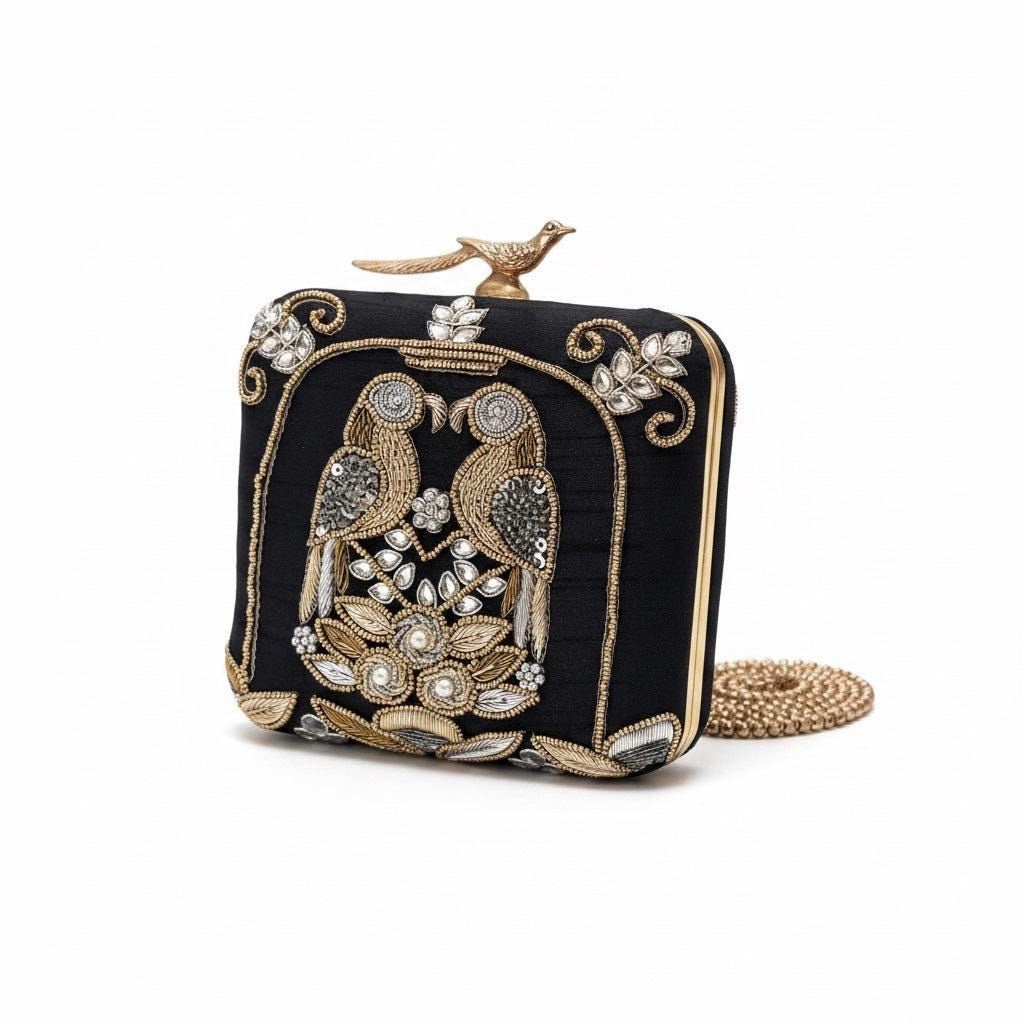 BLACK LOVE BIRDS ZARDOZI EMBROIDERED EVENING CLUTCH - Image 5