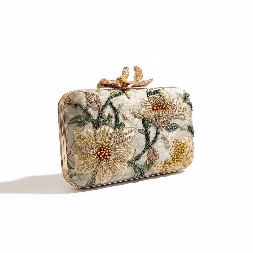 IVORY LOTUS GARDEN EMBROIDERED EVENING CLUTCH - Image 3